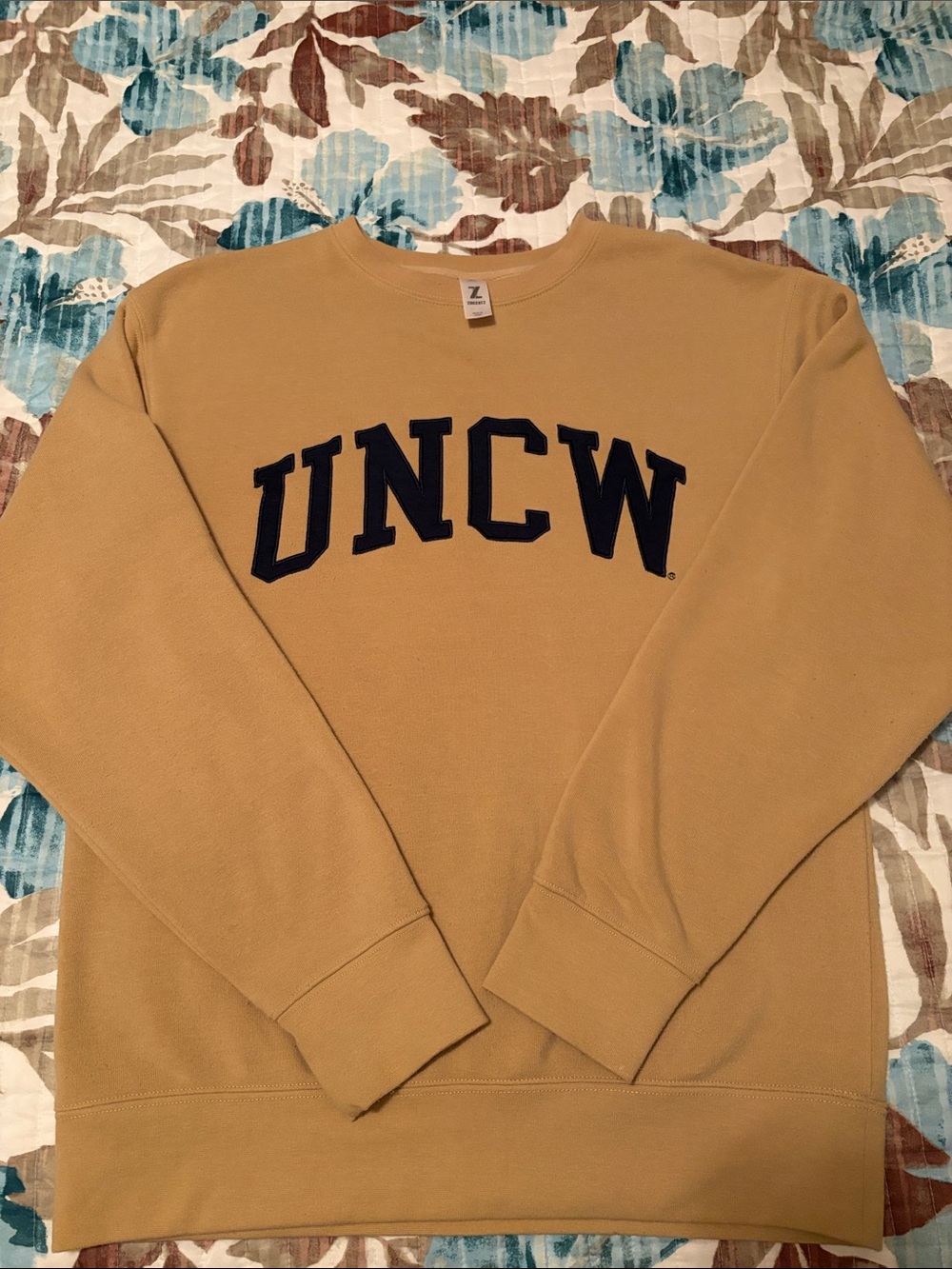Crewneck UNCW Sweatshirt in Tan with Navy Applique